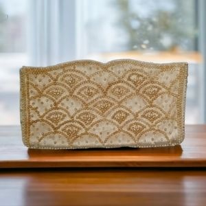 Vintage Made In Japan Mid Century Satin Beaded Evening Clutch Bag